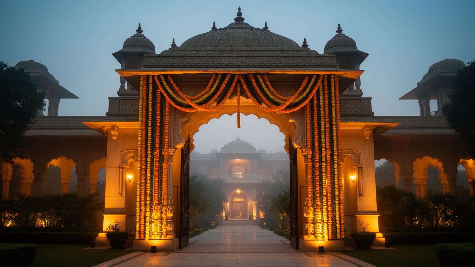 A1 Resort grand entrance illuminated at dusk