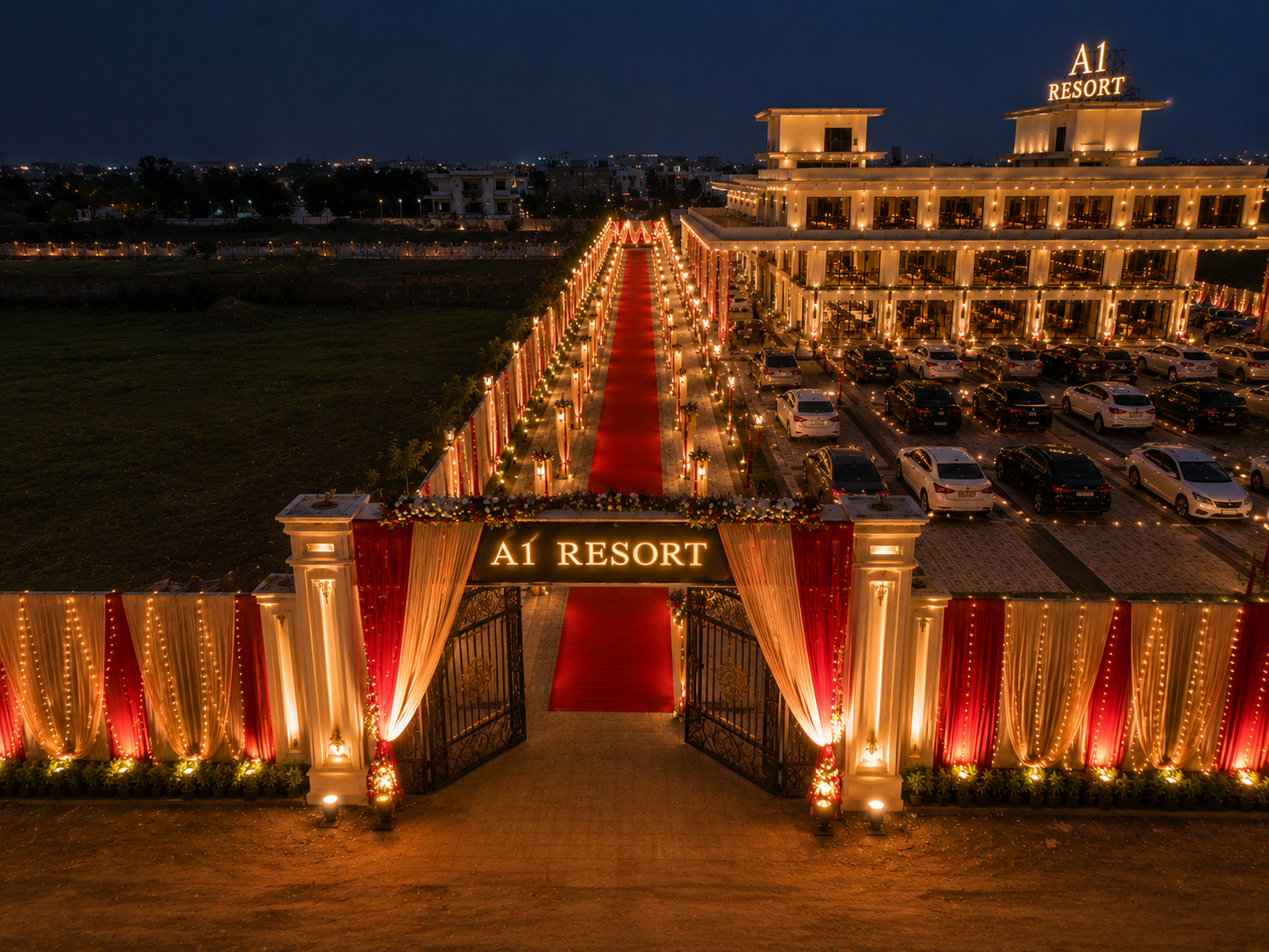 A1 Resort grand entrance illuminated at dusk