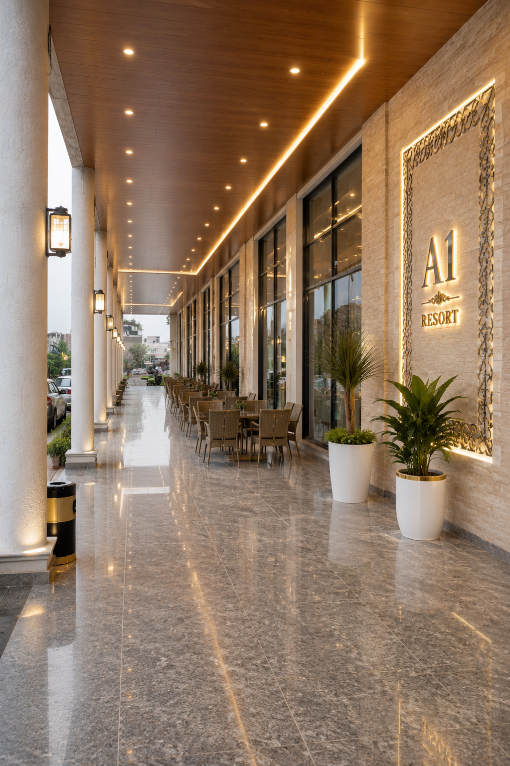 Architectural detail of A1 Resort at sunset